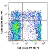 Human peripheral blood lymphocytes were stained with CD8 PE and CD160 (clone BY55) APC (top) or mouse IgM, κ APC (bottom). APC anti-human CD160